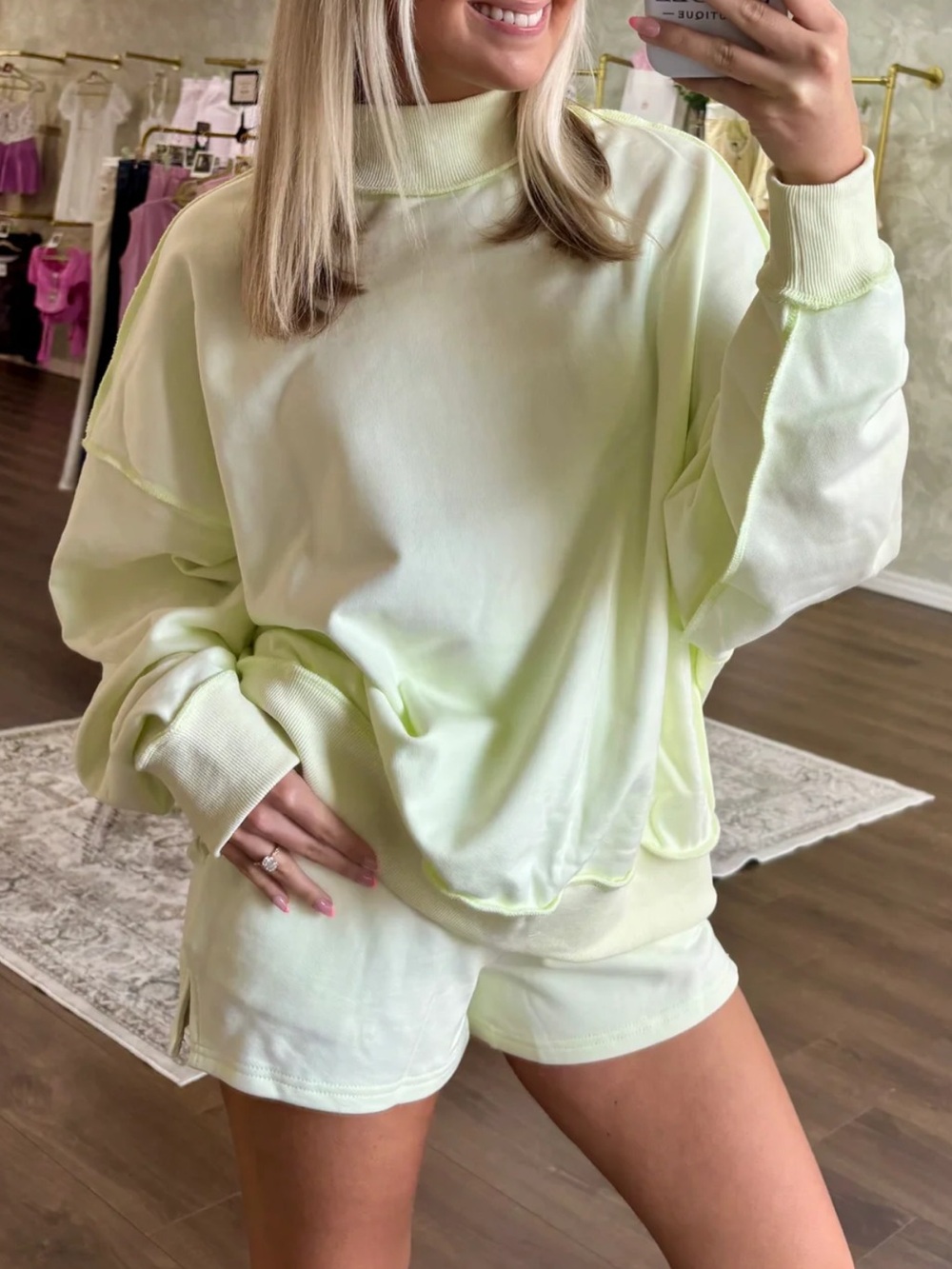 Womens Light Green Mock Neck Sweatshirt & Shorts Set